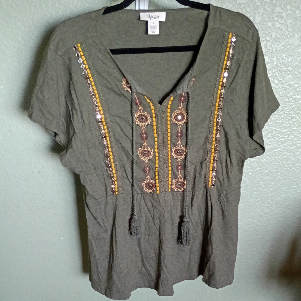 Style & Co. Olive Embroidered Blouse
